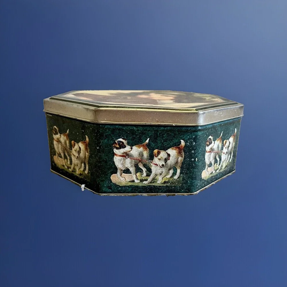 1990’s Era Victorian Print Girl with Dogs Octagon Cookie Tin Gold Interior